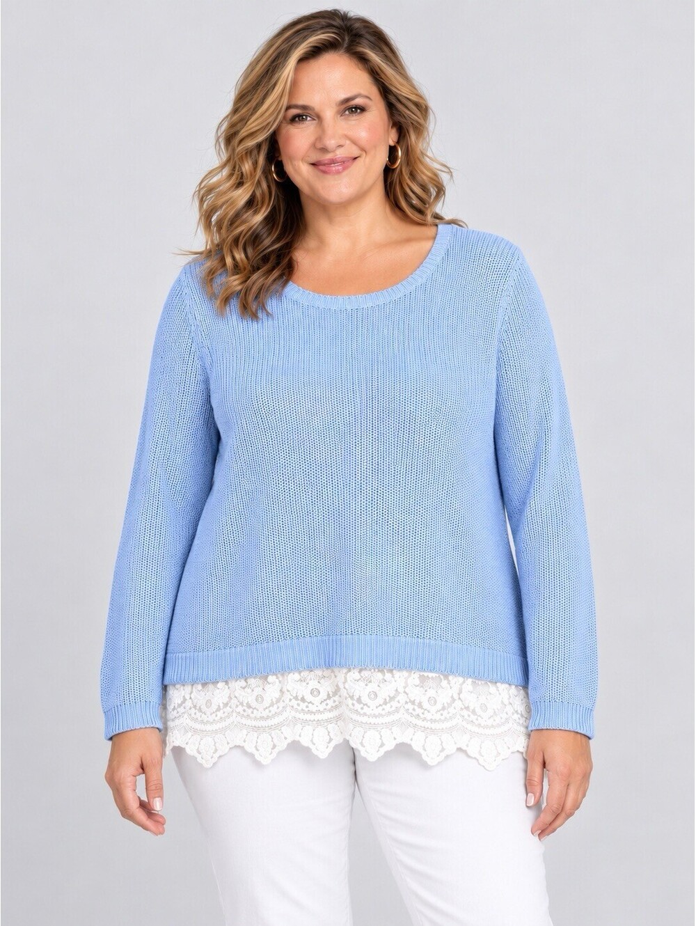 Chico’s Women’s Size 3 Blue Knit Sweater White Lace Hem Back Zip Cotton Blend